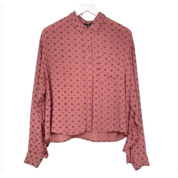 VOLCOM Stone Row Relax Ruffled Sleeve Boxy Buttoned Boho Western Country Top SM - Picture 1 of 8